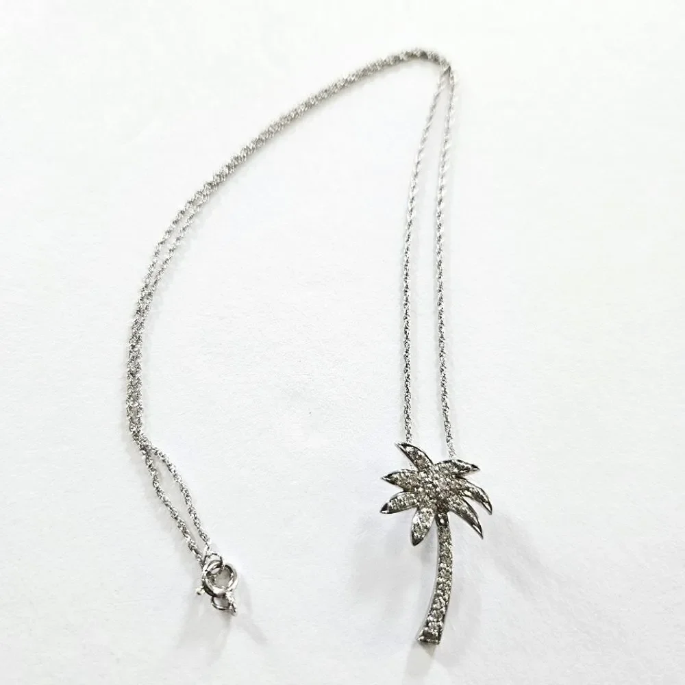 Fine Arts Silver FAS 925 Sterling Silver Simulated Diamond Palm Tree Necklace